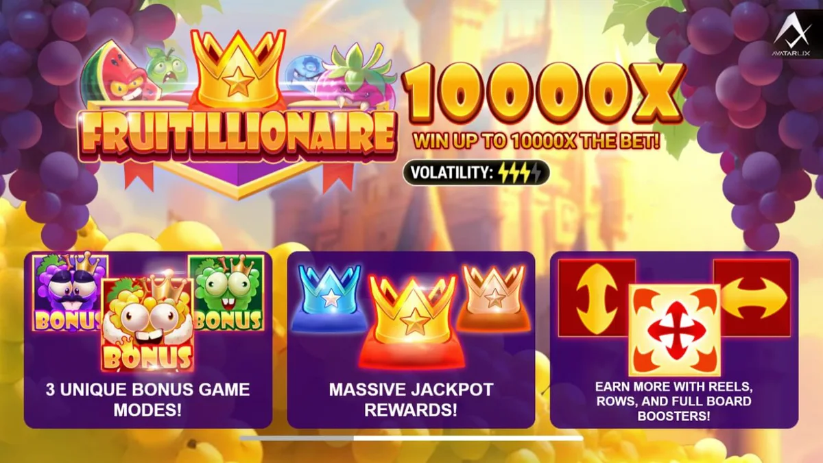 Fruitillionaire slot game interface featuring angry fruit characters