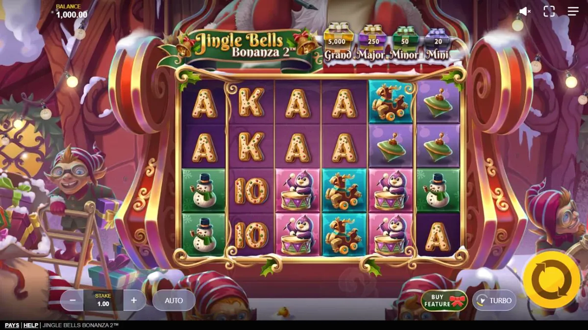 Pemandangan musim dingin yang meriah dalam slot Jingle Bells Bonanza 2